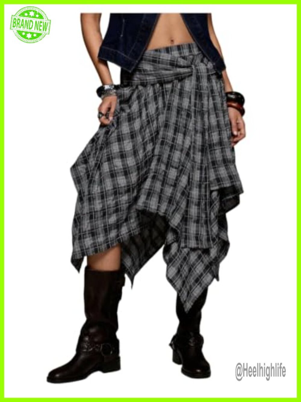 Plaid Asymmetrical Midi Skirt Low Waist Handkerchief Hem